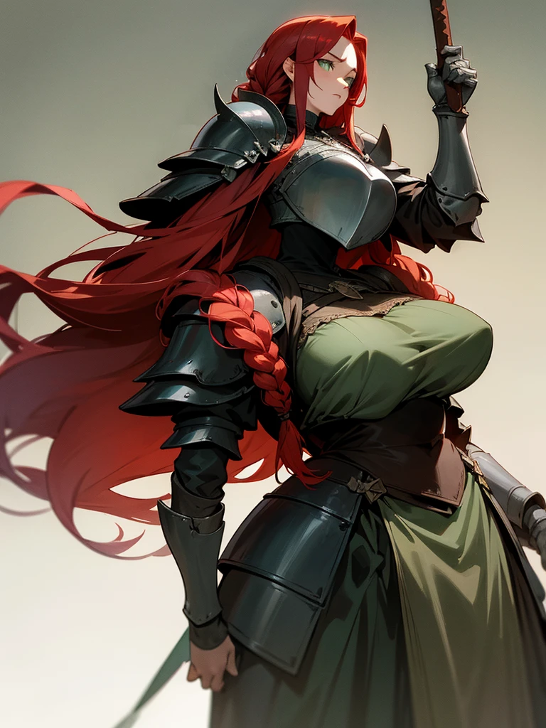 A large woman with braided red hair, green eyes and a tall stature, wearing dark soul-style knight's armor