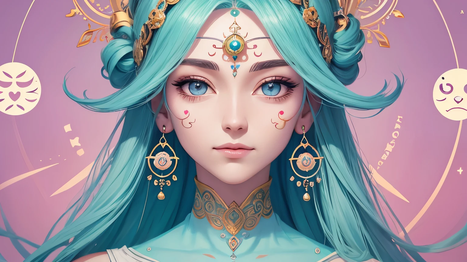A serene face with a third eye, surrounded by 15 small floating icons representing different spiritual traits like a heart for compassion, a tree for nature connection, etc., in a soft pastel color palette