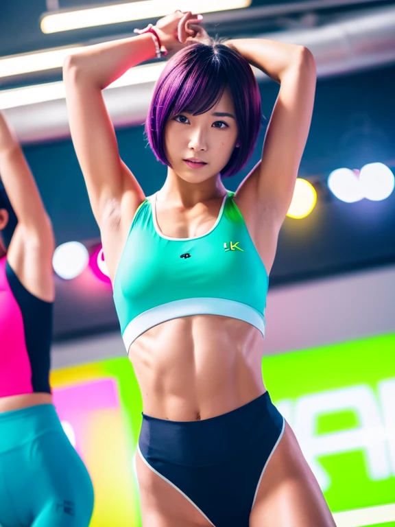 Best quality 8k resolution Ultra detailed Bright neon colored competition sportswear Serious facial expression Two women Abs Arms up Very short hair High waisted tights Flat chest Japanese Sharp focus Track and field club Very short hair 27 years old Sweating