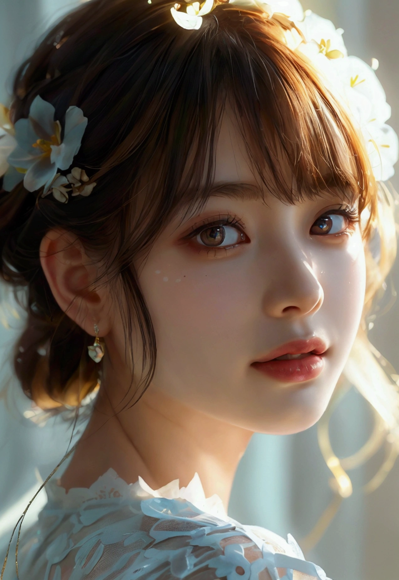 (UHigh resolution, retina, masterpiece, Accurate, Anatomically correct, Textured skin, Super detailed, Attention to detail, high quality, 最high quality, High resolution, 1080P, High resolution, 4K, 8K, 16K),美しいAttention to detail目, Beautiful lip detail, Highly detailed eyes and face), Soft lighting, Physically Based Rendering, Vibrant colors, (Large Breasts:1.5), (Portraiture, Shiny Hair, Shiny skin), Eye Reflexes, (Bokeh, moonlight:1.5), (Smile and laugh, bangs:1.5), half profile, (From below:1.2),