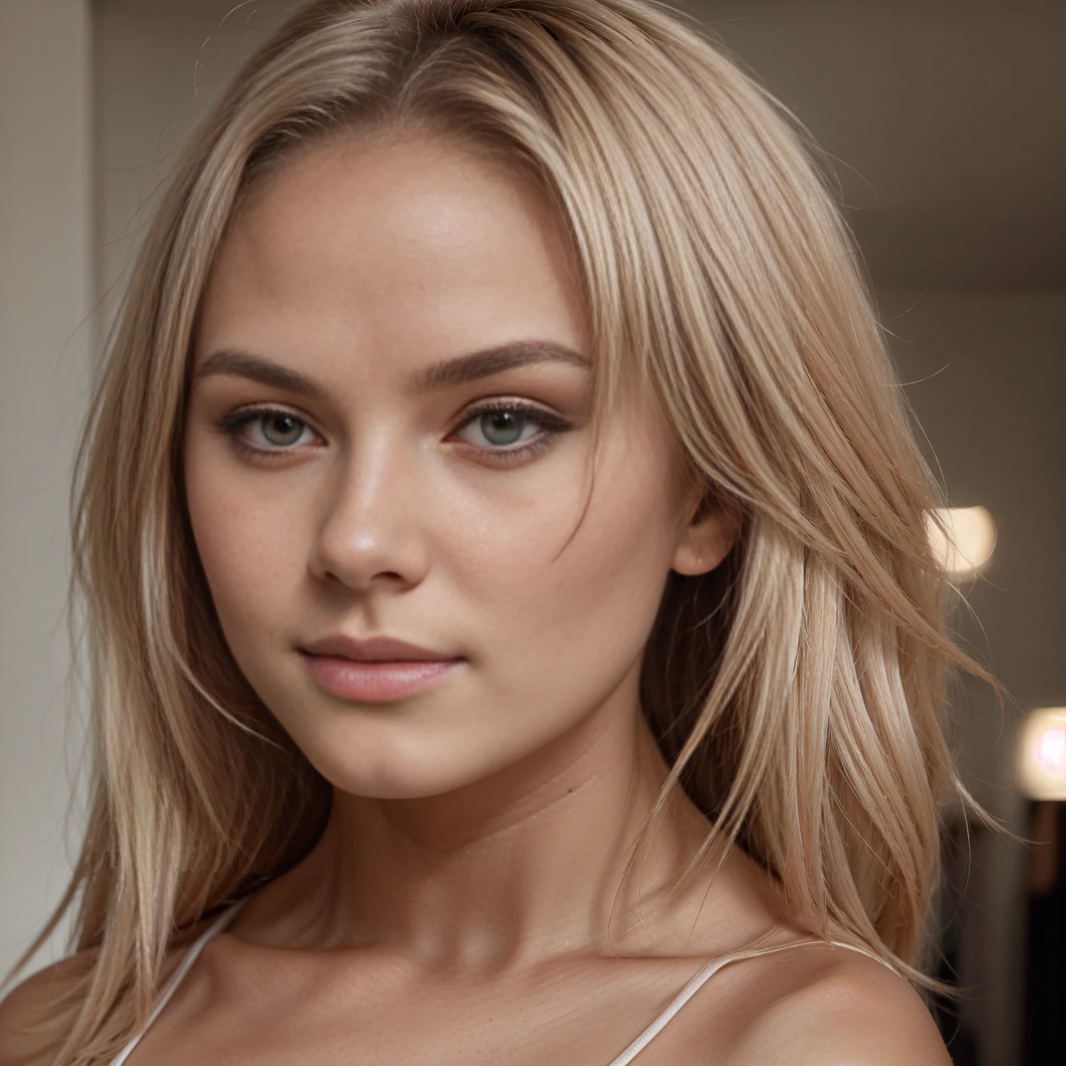 Laura Pavinato, 18 years old, lighter eyebrow color, big detailed breast, big breast, detailed white hair, very detailed shadows, skin texture, detailed skin texture, detailed face features, brazillian butt, realistic skin texture, light smile, instagram picture, detailed body shape, long hair, cinematic lighting, Canon, cinematic lighting, most peautiful, blonde hair, perfect shadows, multiple angles, blonde hair, hiper realistic skin texture, face shoot, looking at the camera upclose