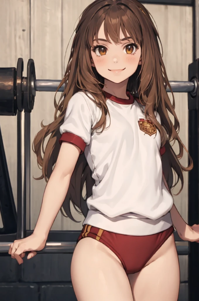 masterpiece,  look at viewer, 1girl, solo, gym uniform,  , brown hair, long hair, , cowboy shot, ,, smile,
Hermione Granger,