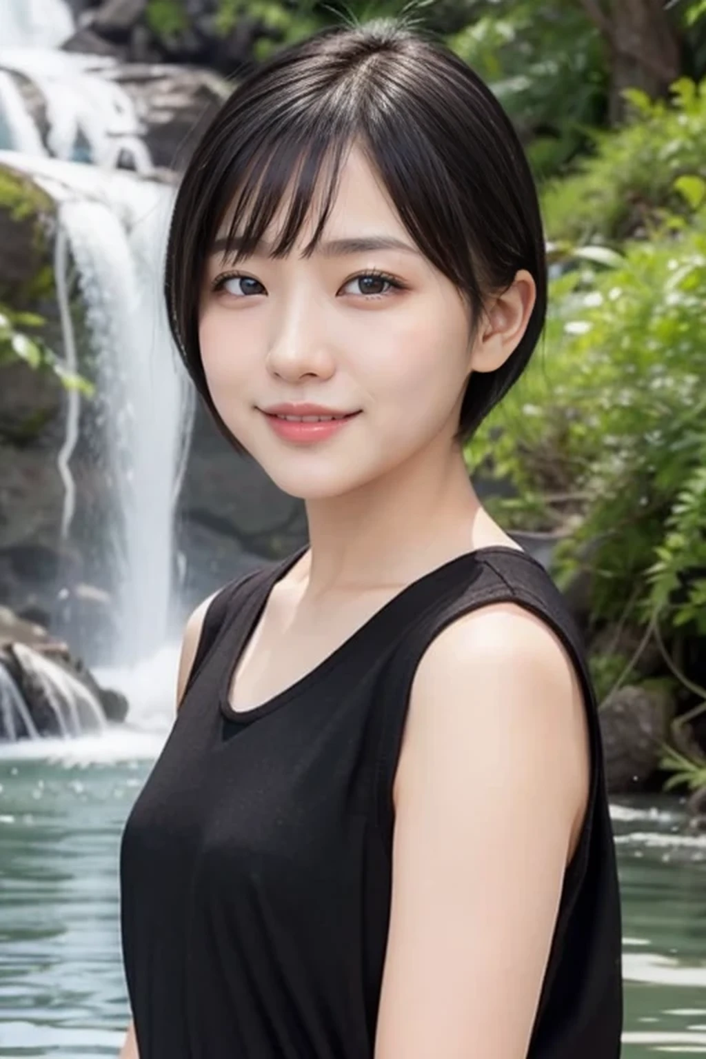 8k, RAW photo, best quality, masterpiece, realistic, photo-realistic, clear, professional lighting, beautiful face, no makeup, best quality, ultra high res, BREAK, Japanese cute girl, 14 years old, (short cut hair:1.2), smile, BREAK, standing, BREAK, (waterfall:1.3), (black eyes, black hair:1.2)