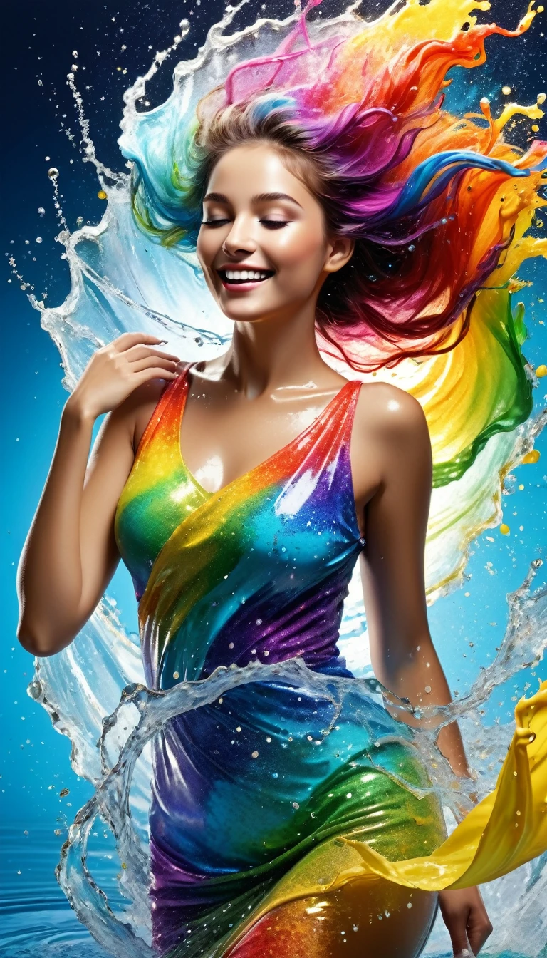 Expresses the flow of ink dancing on the wind,watereffects,colorful water,goddess:govern the arts:Manipulating water:rich hair:sleeoing:perfect face:beautiful::healthy,Ink splash,glitter,Brightly colored,light reflection,rich colors,Abstract,3D,8K,High resolution,masterpiece,high quality,Detailed details,Colors of the rainbow,laugh mischievously,tricky,design,fun,bright colors,splash of water,invite you to the world of art,Brilliant,dim background((( big hips, big tits)))