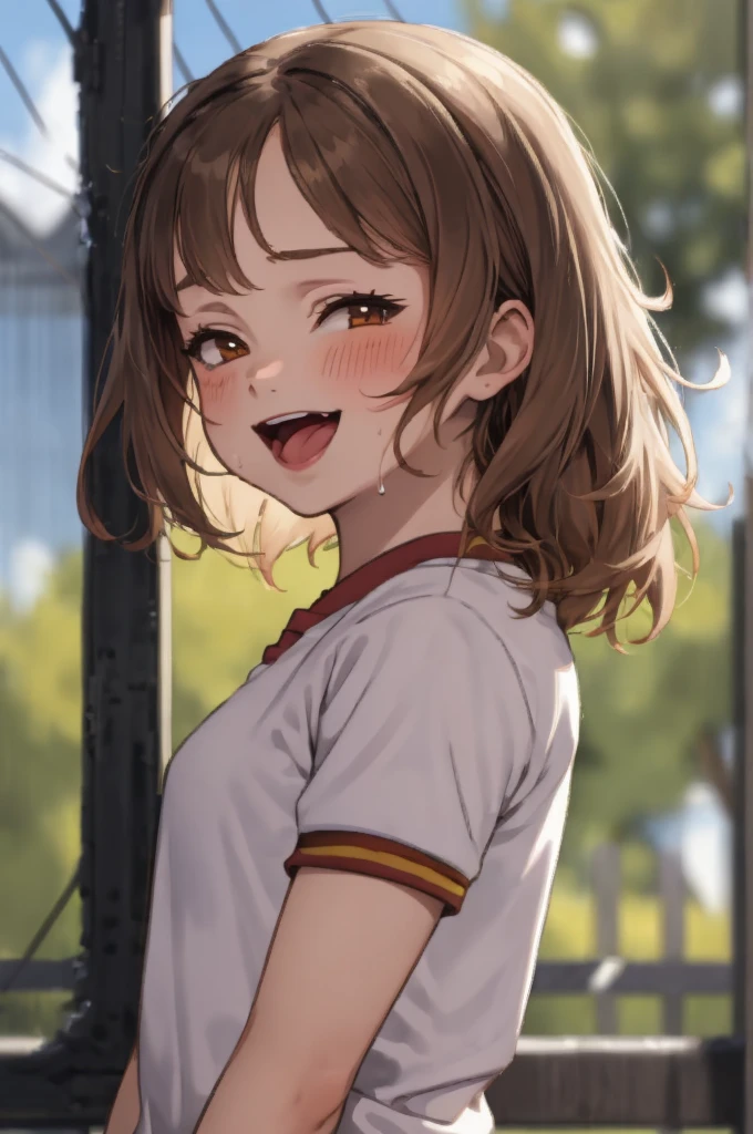 masterpiece, look at viewer, 1girl, solo, gym uniform, from bellow, brown hair, long hair, open mouth, cowboy shot, from side, jumping, smile,,blush,sweating
Hermione Granger,