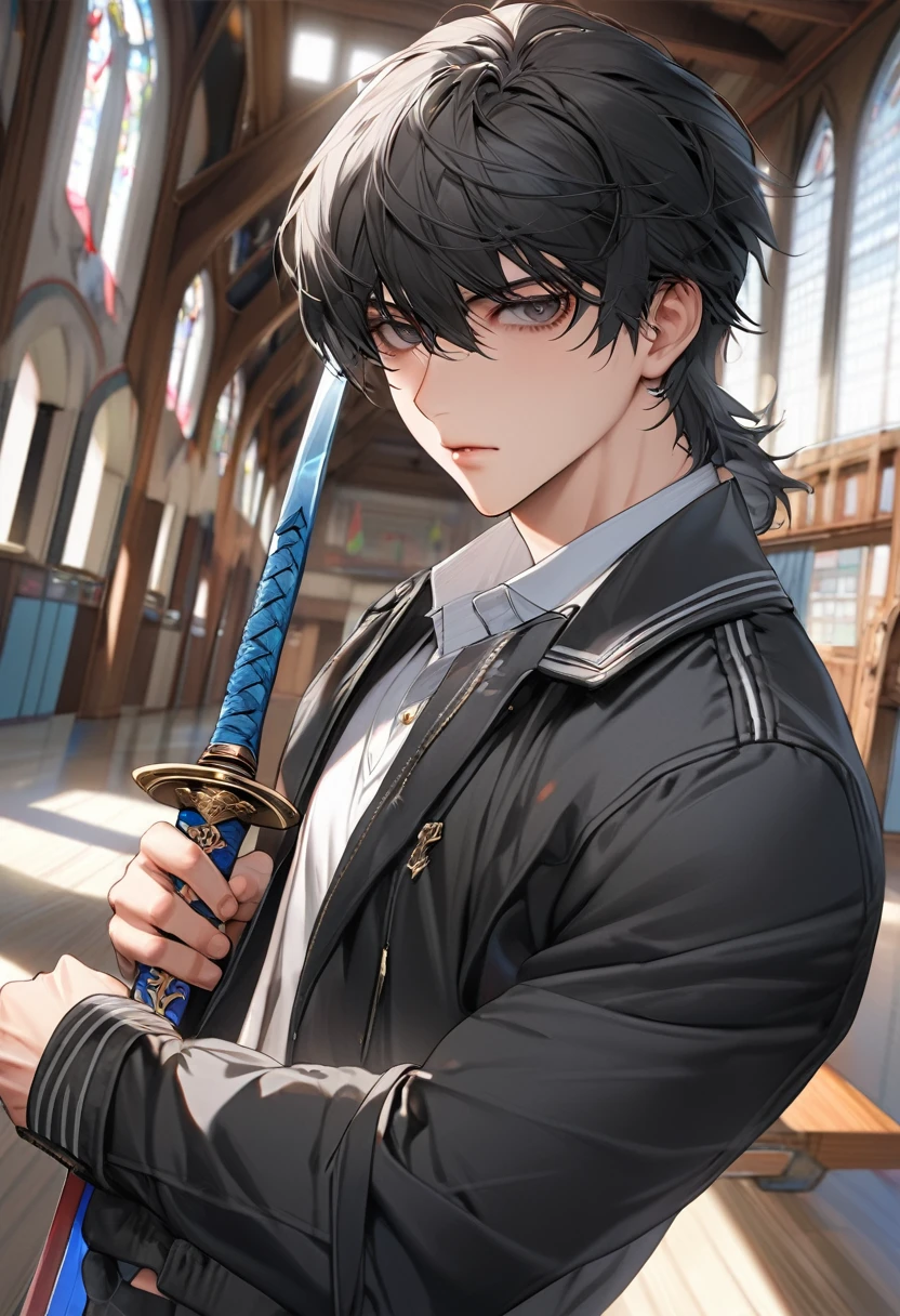 A high, handsome, perfect body, black hair, short hair, mullet, black eyes, upturned eyes, expressionless, black jacket, anime, first-person view, masterpiece, anatomically correct, high details, highres, best quality, super detail, sword master