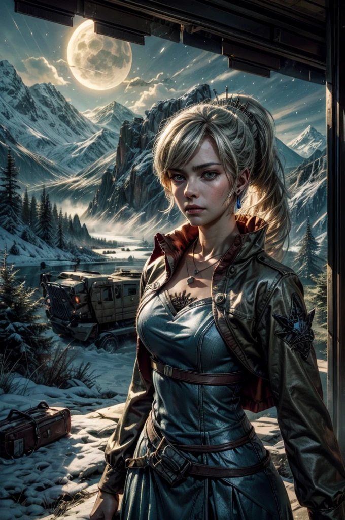(masterpiece, best quality:1.2), cowboy shot, weissvale, expressionless, closed mouth, looking at viewer, ponytail, scar obove eye, military dress, jewelry, necklace, earrings, standing with crowd in city ruins on hill), (crowd in military uniform), overlooking valley, BREAK night, stars, moon, snow, BREAK mountains in background, waterfall, vehicle wreck, , bonfires, post-apocalypse, dystopian future,