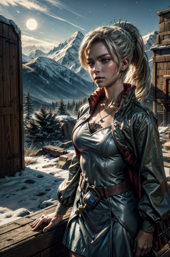 (masterpiece, best quality:1.2), cowboy shot, weissvale, expressionless, closed mouth, looking at viewer, ponytail, scar obove eye, military dress, jewelry, necklace, earrings, standing with crowd in city ruins on hill), (crowd in military uniform), overlooking valley, BREAK night, stars, moon, snow, BREAK mountains in background, waterfall, vehicle wreck, , bonfires, post-apocalypse, dystopian future,
