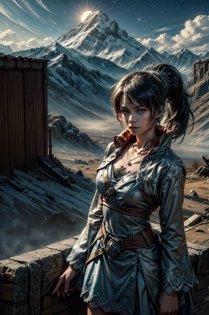 (masterpiece, best quality:1.2), cowboy shot, weissvale, expressionless, closed mouth, looking at viewer, ponytail, scar obove eye, military dress,  jewelry, necklace, earrings, standing with crowd in city ruins on hill), (crowd in military uniform), overlooking valley, BREAK night, stars, moon, snow, BREAK mountains in background, waterfall, vehicle wreck, ,  bonfires, post-apocalypse, dystopian future, 