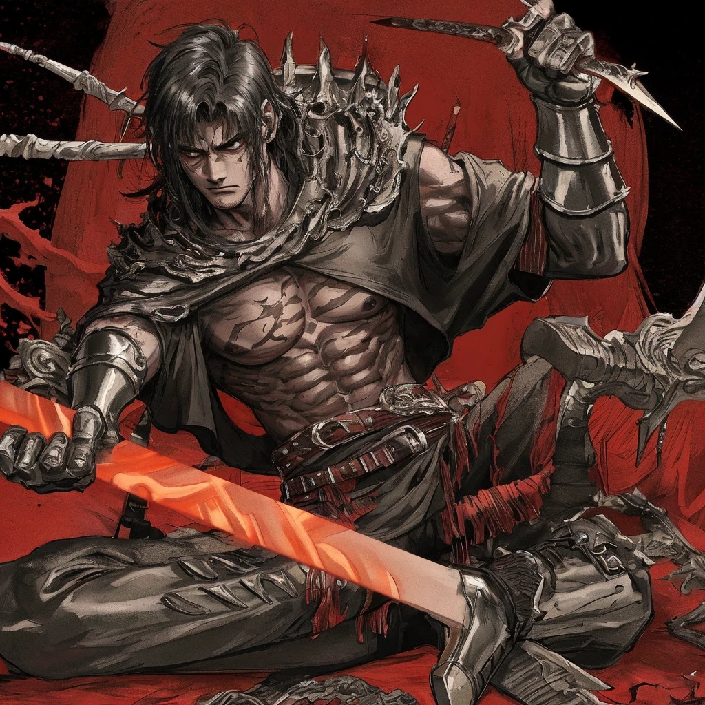 Masterpiece quality, 8K , well crafted details, man , muscular build, In the background , Red stripes , Black background , Behind the character there is the inscription Berserk , With a sword on his back , dressed in a black T-shirt , Sits on a stone, 