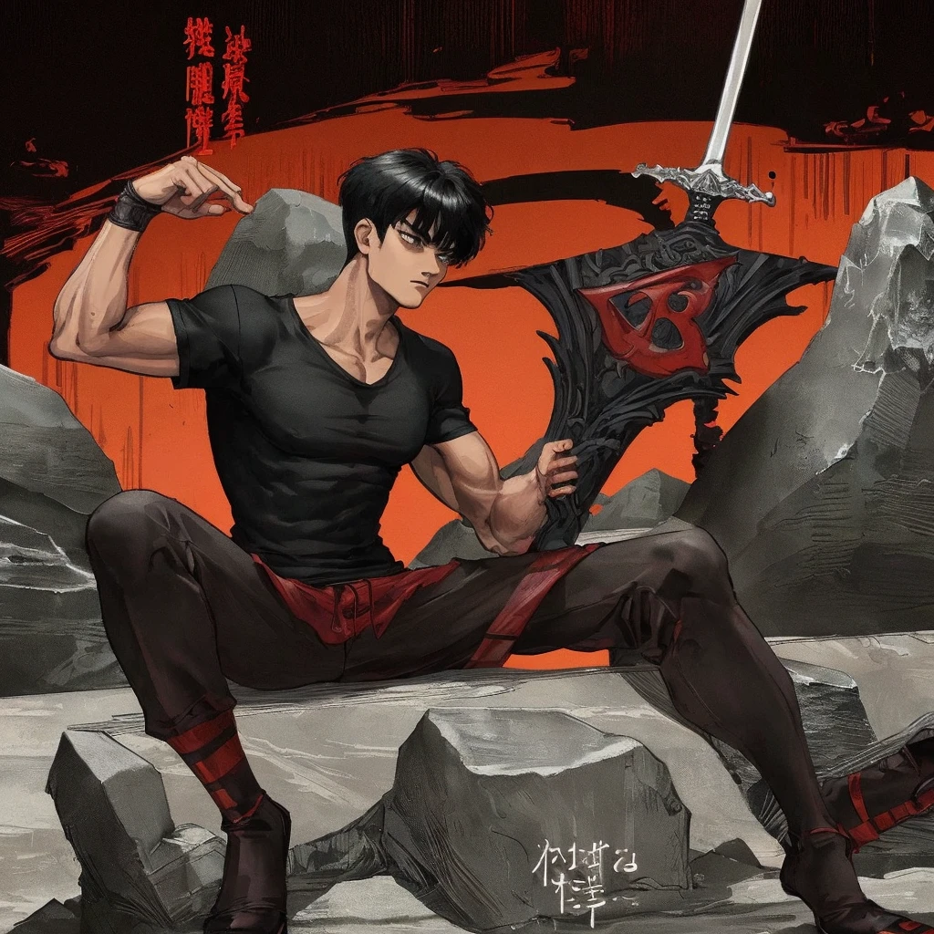 Masterpiece quality, 8K , well crafted details, man , muscular build, In the background , Red stripes , Black background , Behind the character there is the inscription Berserk , With a sword on his back , dressed in a black T-shirt , Sits on a stone, 