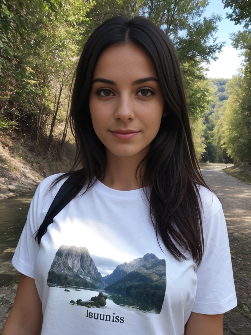 Brune , big breasts t-shirt, pas de soutiens gorge, selfie outside