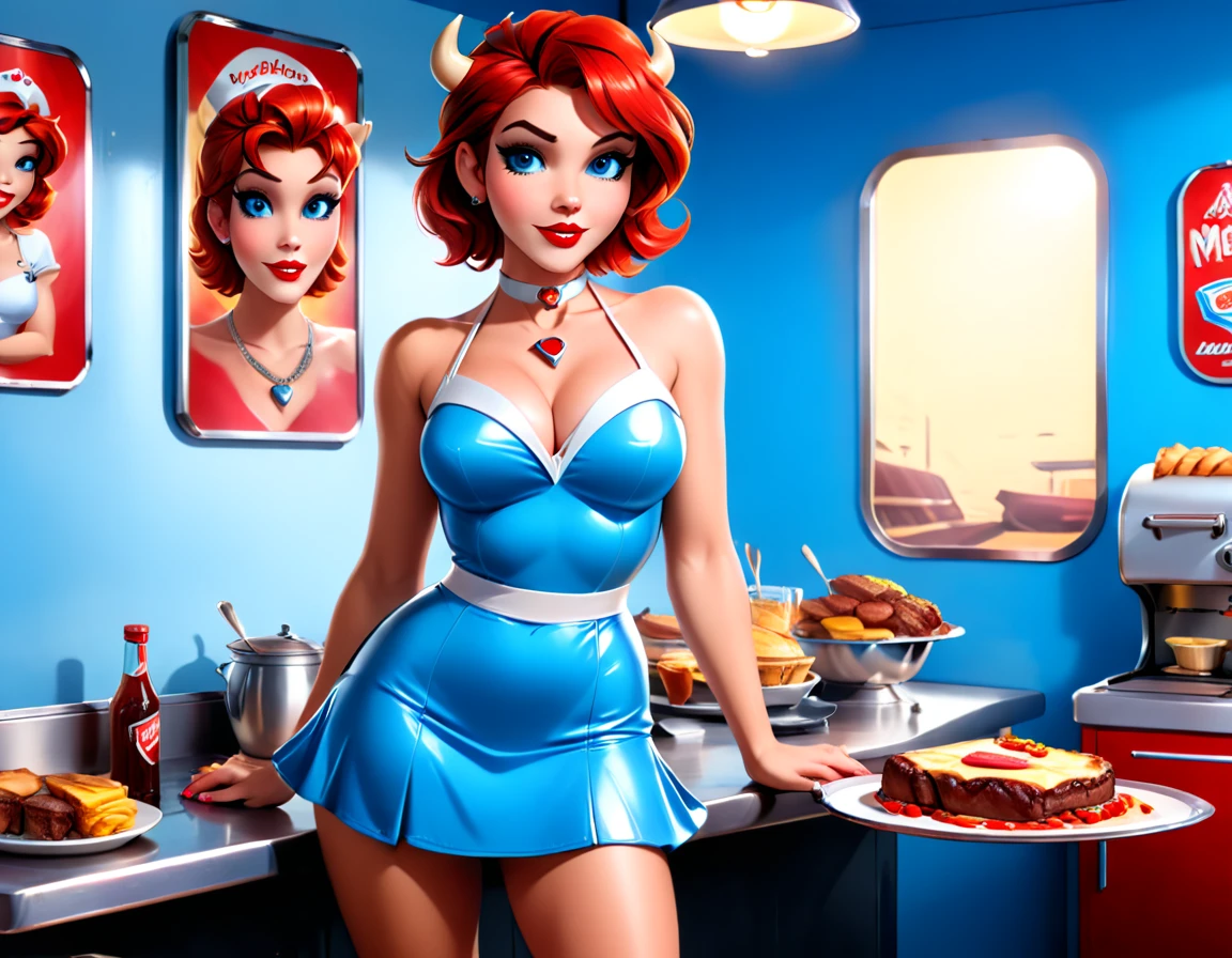 a 3D digital painting picture of extremely beautiful  (anthropomorphic cow:1.3) serving a big juicy steak on a tray in American diner, an exquisite beautiful female (cow anthropomorphic:1.3), full body, ultra feminine ultra detailed face, red hair, short hair, little fury, red lips, blue eyes, wearing sexy white seductive latex dress, looking at a American  kitchen background,  dynamic angle, , award winning, best quality, high quality, high details, highres, vibrant, Ultra-high resolution, High Contrast, (masterpiece:1.5), highest quality, Best aesthetics, best details, best quality, highres, ultra wide angle, 16k, [ultra detailed], masterpiece, best quality,  photorealistic, 3D rendering, TomFischbeck