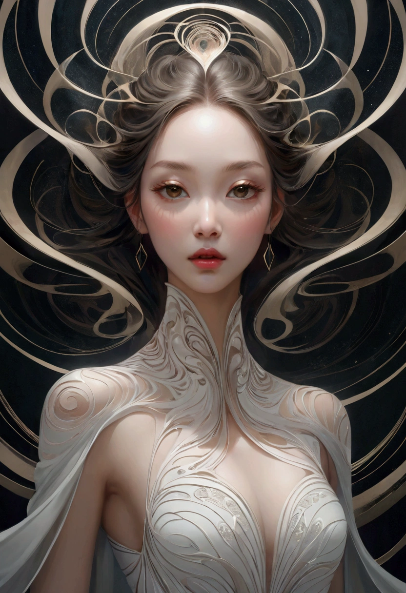 1 Woman,The delicate face gradually disappears, Twisted but still fascinating, swirl, Abstract Aesthetics, symmetry, fantasy,magic,mystery,illusory,Dreamy,Concept map of the scene, Ultra-high resolution, masterpiece, best quality
