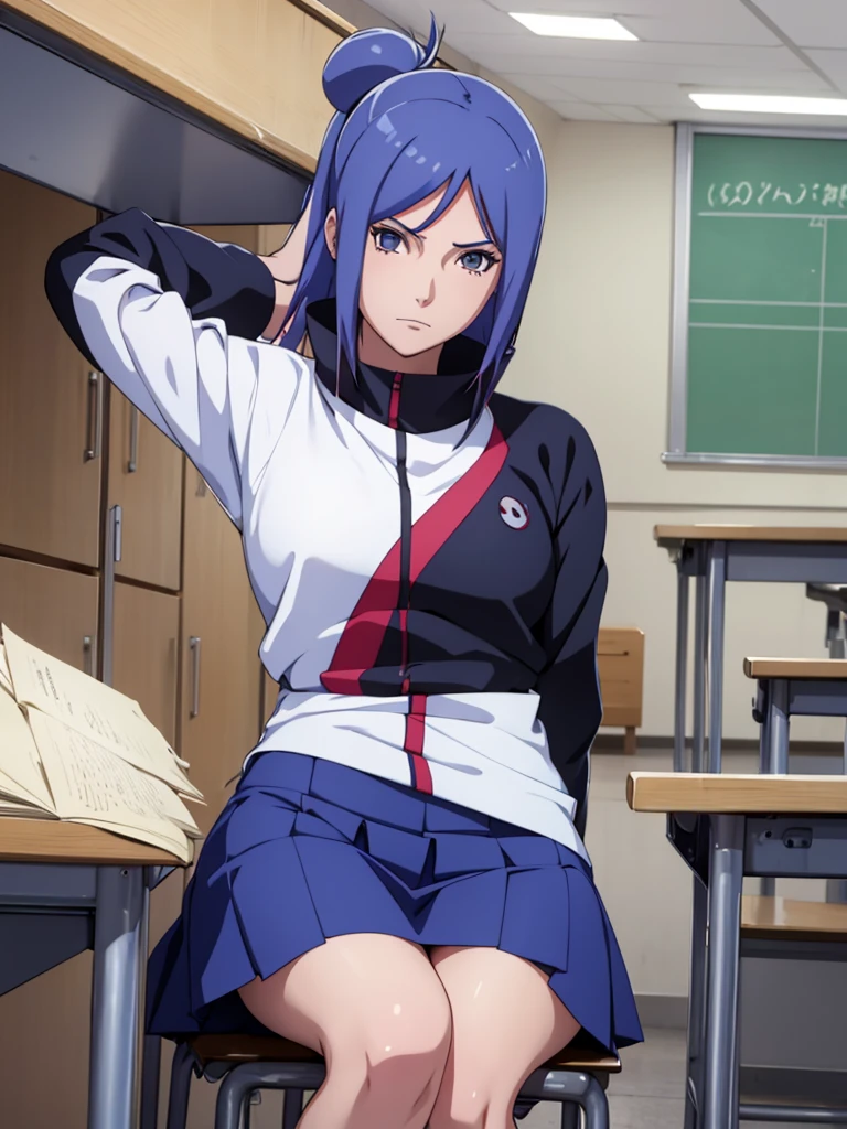 Konan from Naruto, 1girl, as a highschool girl, wearing  with white shirt and blue colour skirt, at a classroom , 8k, high detailed, high quality