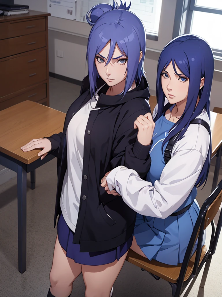 Konan from Naruto, 1girl, as a highschool girl, wearing  with white shirt and blue colour skirt, at a classroom , 8k, high detailed, high quality