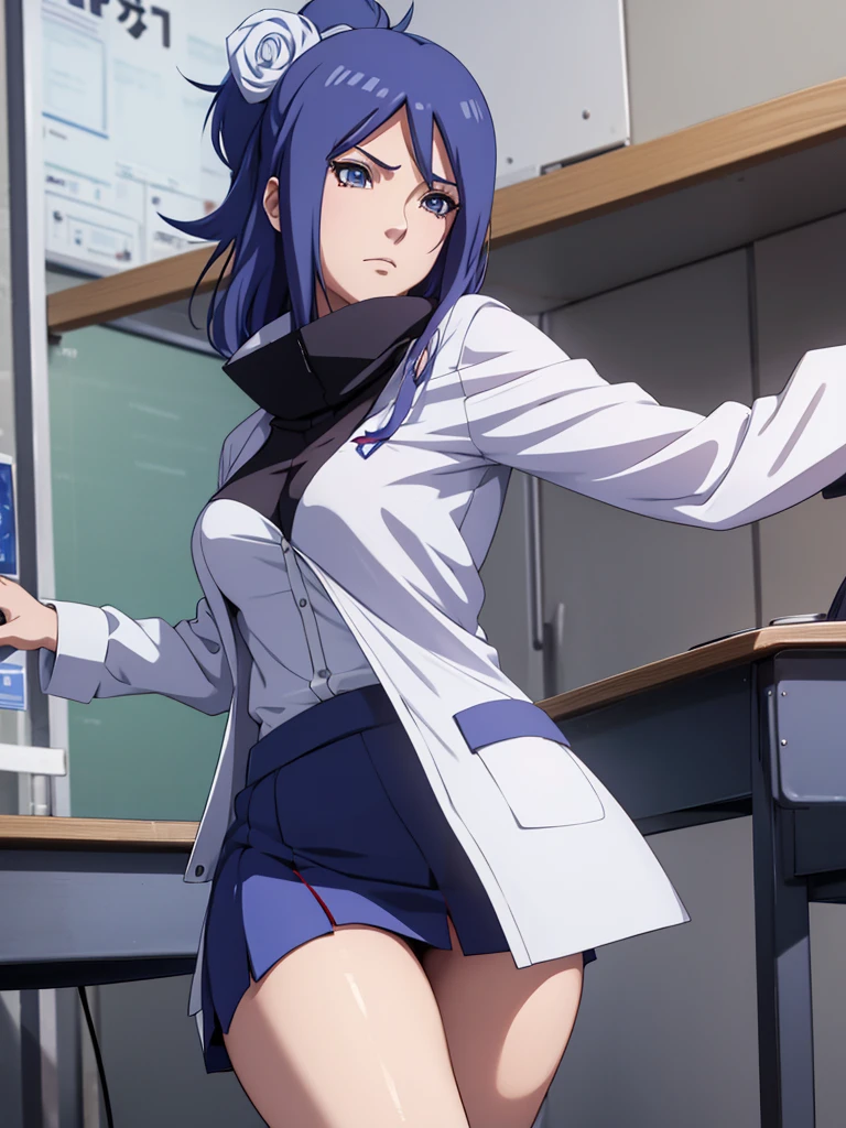 Konan from Naruto, 1girl, as a highschool girl, wearing  with white shirt and blue colour skirt, at a classroom , 8k, high detailed, high quality