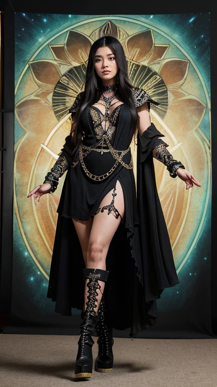 High resolution ultra detailed photography, an Asian Native American mixed race woman with tall height, woman floating in the lotus position in the air, clothing bioluminescent dress in the gothic fantasy style with high heels boots, photo background is a gothic tarot card bioluminescent, photo mood gloomy dark, Body and face of Asian Native American multiracial woman ultra realistic detailed high resolution render, Model Long legst, Pose flying lotus pose, chainmail dress, native American woman close frontal full body in foreground photography