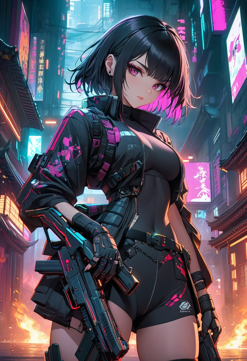 woman with gun and fire in hand, Very beautiful cyberpunk samurai, Digital Cyberpunk Anime Art, Digital Cyberpunk - Anime Art, female Cyberpunk Anime Girl, Cyberpunk Anime Girl, Cyberpunk Japanese Temple, anime cyberpunk art, Amazing anime 8k, Cyberpunk Anime Girl mech, Cyberpunk girl with jet black hair, Beautiful digital art, Cyberpunk Geisha