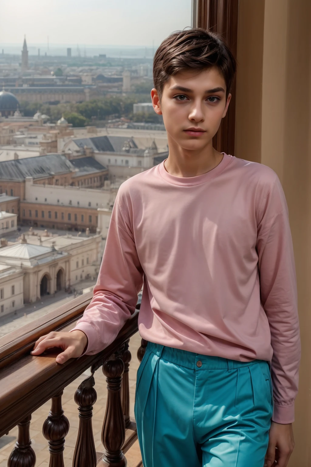 A cute male twink with a make-up face and black hair, wearing a long-sleeved pink shirt and aqua blue pants. He is in the royal palace and appears from the top of the window.