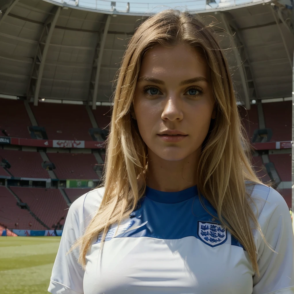 ((best quality)), ((masterpiece)), (detailed), couple, 1woman, very long blonde hair, England soccer jersey , 1man, tall, muscular, handsome, dark short hair, wearing England soccer jersey, soccer game, Stadion, summer time