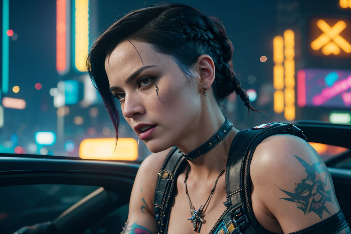 A fierce and beautiful woman., (Grace Kelly:Gillian Jacobs:0.5), braided spiky punk hairstyle, (wearing a revealing high-detail raider harness from Cyberpunk 2077), armed, High detail face, high detailed leather, seductive expression, perfect body, (perfect proportions), a night city background (Megalopolis Cyberpunk), high quality, (Masterpiece), (realistic photo), intricately detailed, 8k, HDR, shallow depth of field, wide light, High contrast, backlight, sharp focus, Raw color photo, looking to the camera, vivid colors, In the style of Cyberpunk 2077