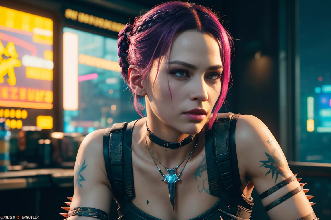 A fierce and beautiful woman., (Grace Kelly:Gillian Jacobs:0.5), braided spiky punk hairstyle, (wearing a revealing high-detail raider harness from Cyberpunk 2077), armed, High detail face, high detailed leather, seductive expression, perfect body, (perfect proportions), a night city background (Megalopolis Cyberpunk), high quality, (Masterpiece), (realistic photo), intricately detailed, 8k, HDR, shallow depth of field, wide light, High contrast, backlight, sharp focus, Raw color photo, looking to the camera, vivid colors, In the style of Cyberpunk 2077