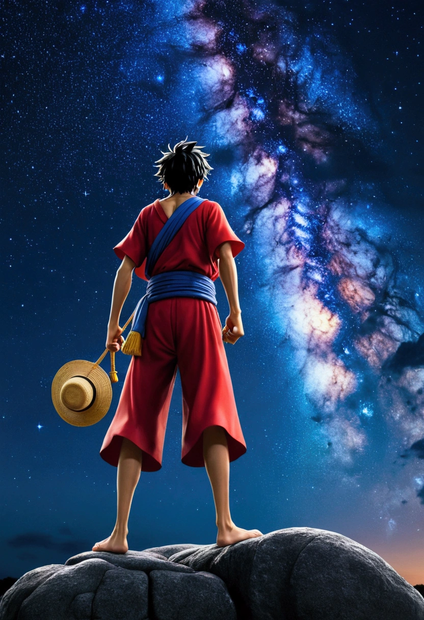 Monkey D Luffy Wano, on top of a large stone, olhando para o horizonte, roupas laranjas, night sky and starry, bright stars in the sky,