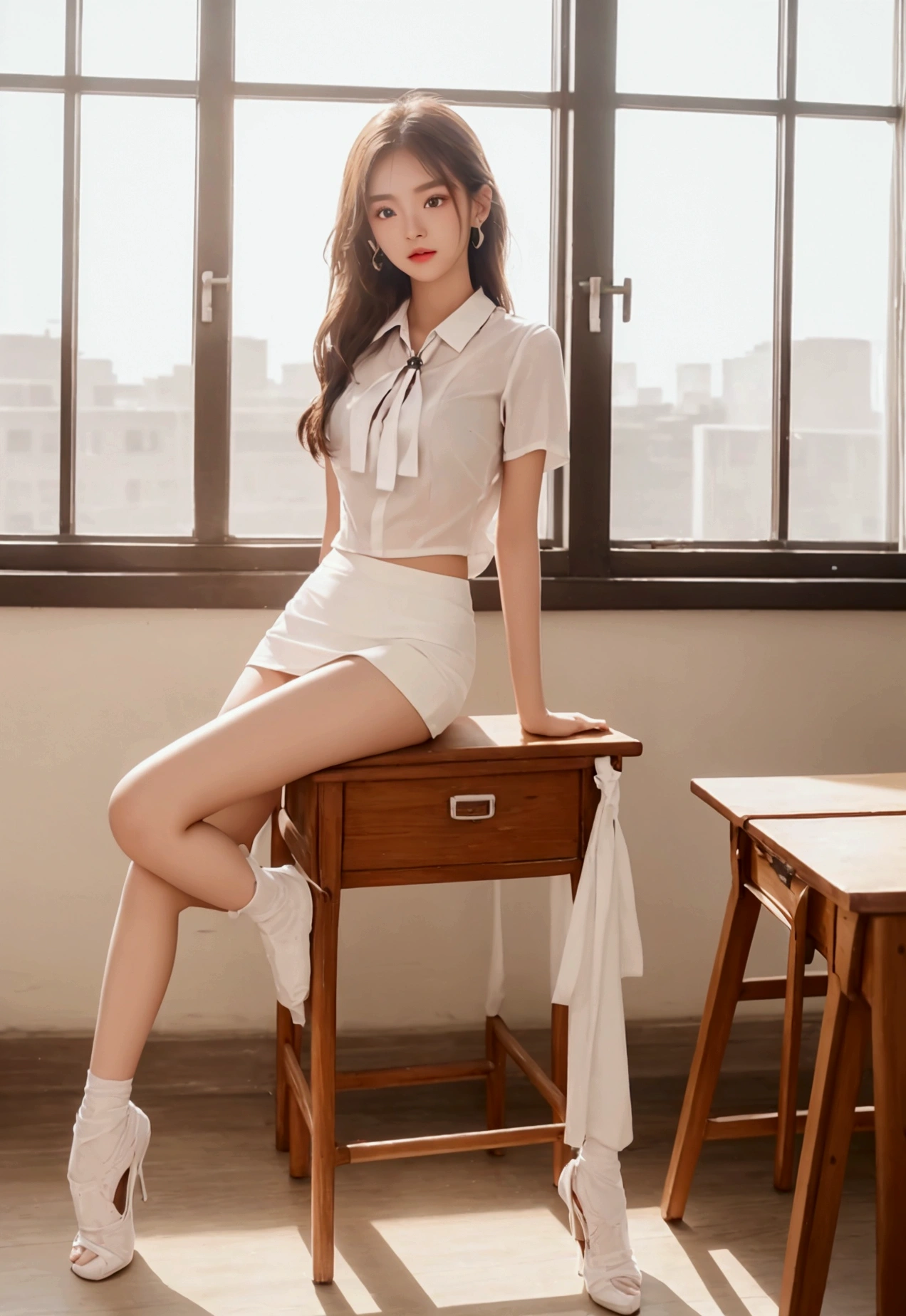 top quality、8K photos、In a classroom with the sunset shining through the window、1. sit on a chair、cute beautiful girl、kneel and sit on a chair、white blouse、short skirt、white panties not visible.、slim body、、Toned down Lego details