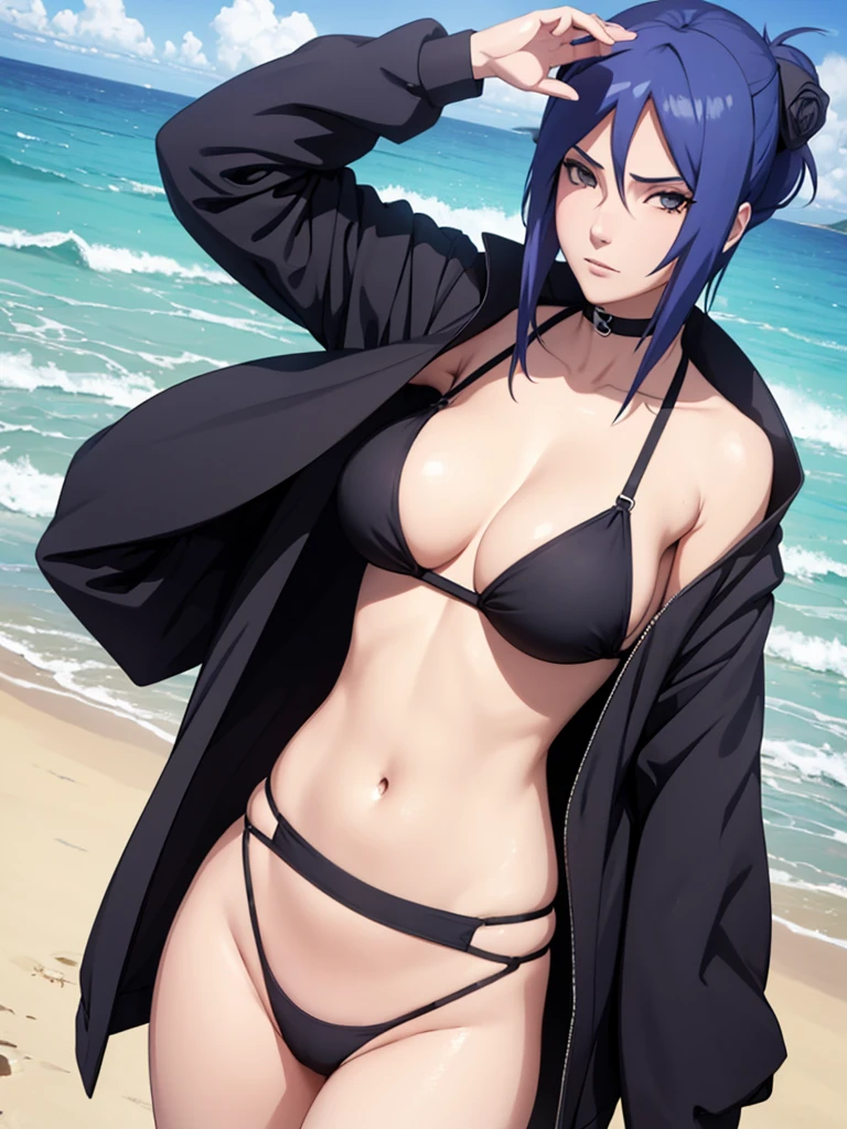 Konan from Naruto, 1girl, wearing only a sexy black colour bikini at a beach, 8k, high detailed, high quality