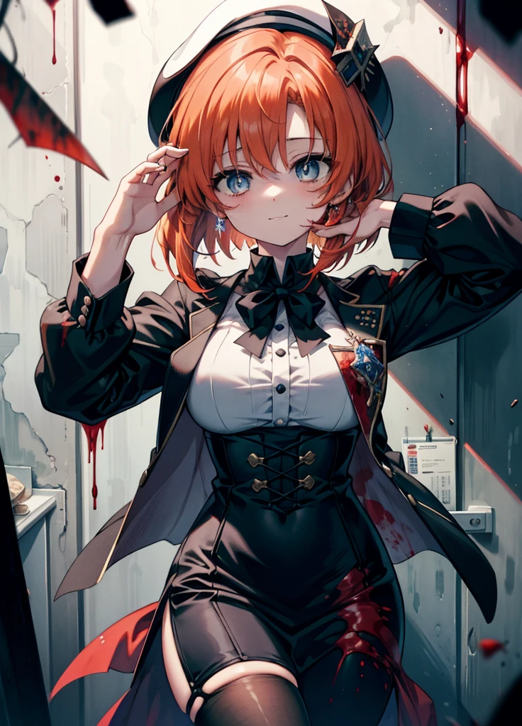 Ryugu Rena, Rena Ryuuguu, Orange Hair, short hair, Hair Blue Eyes, smile, There are still blood stains on the wall,spooky, Dead Eyes,A grinning man holding a Bloodstained knife in one hand.,Bloodstained beret,Bloodstained,Drops of blood,There was blood splattered all over the room..,spooky笑い, Dead Eyes,Psychopath horror,Bloodstained clothes,Drops of blood,spooky,murder scene, Serial killer, bathed in blood,Clothes with blood on them,Bloodstained black suit jacket, Bloodstained collared jacket,Blood stained white dress shirt, Shirt with blood on the collar, Neckline, button, strap, ID card on the neck, Bloodstained 黒色ペンシルスカート,Bloodstained black pantyhose, Stiletto heels,Big Breasts,holding a Bloodstained knife grip,whole bodyがイラストに入るように,
break looking at viewer,whole body,
break indoors, office,
break (masterpiece:1.2), Highest quality, High resolution, unity 8k wallpaper, (shape:0.8), (Fine and beautiful eyes:1.6), Highly detailed face, Perfect lighting, Highly detailed CG, (Perfect hands, Perfect Anatomy),