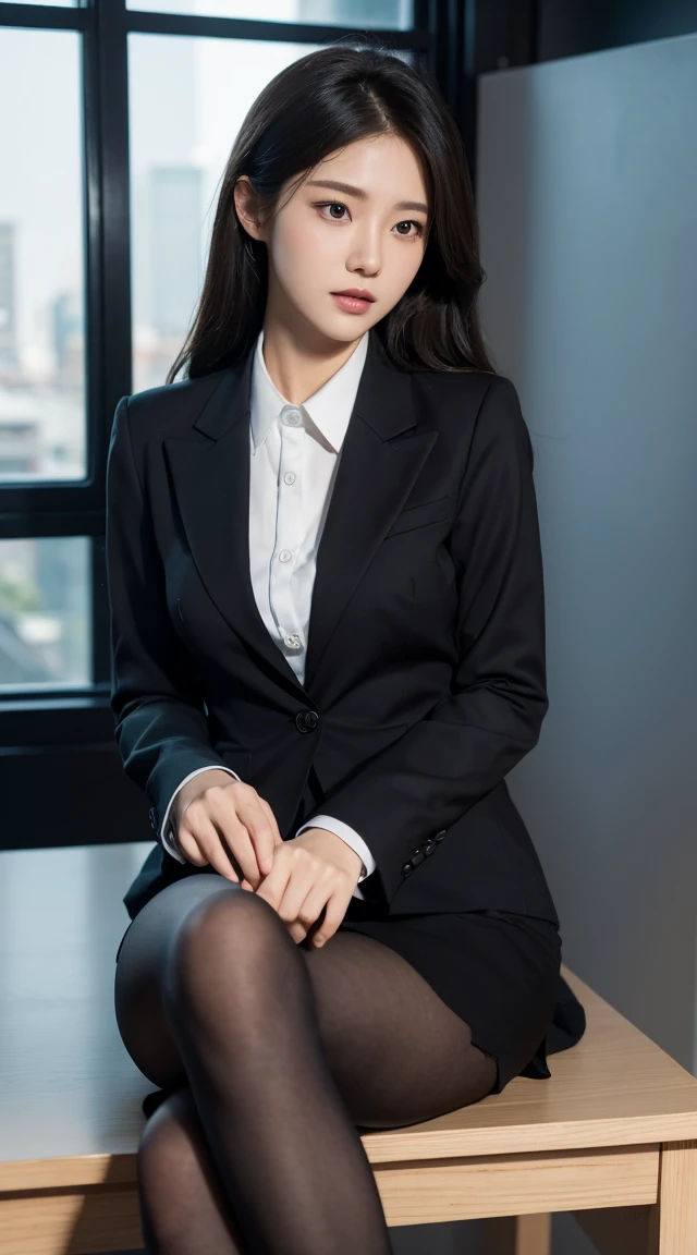 Elegant upper class elite secretary wearing business shirt, work in the office、엄격한 비즈니스 wearing a suit, Wear pantyhose、Wear quality heels、 girl wearing shirt, wearing a suit, wearing a suit, wearing a suit, merchant, business clothes, wearing a black suit, Wear a shirt and skirt, woman in suit, business attire, business attire, raw photo, (8K、top quality、masterpiece:1.2)、(intricate details:1.4)、(realistic:1.4)、octane rendering、Highly detailed representation of complex 3D renderings, studio soft light, rim light, vivid details, super detailing, realistic skin texture, detailed production, Beautiful eye for detail, Highly detailed CG Unity 16k wallpaper, assembly, (detailed background:1.2), naked to thighs!!!,