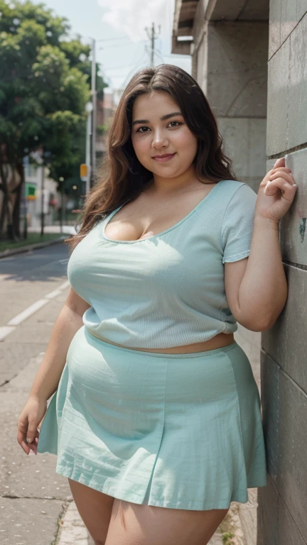 (Ultra Real), (Illustration), (High Resolution), (8K), (Very Detailed), (Best Illustration), (Beautiful Detailed Eyes), full body, joyful chubby Brazilian girl, 19 years old, showing light pastel green shirt, skirt, cleavage, joyful