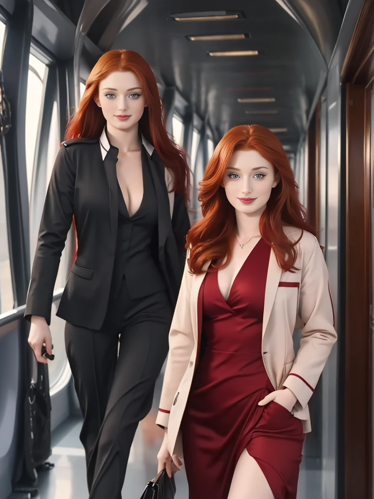 a sexy 28 year old woman, beautiful redhead woman SOPHIE TURNER, detailed eyes, lush lips, flirtatious smile, youthful enthusiasm, standing on the bridge of a starship, dressed as a flight attendant, Walking down the hallway, realist, fotorrealist, 8k, high quality, Masterpiece, studio lighting, extremely detailed.