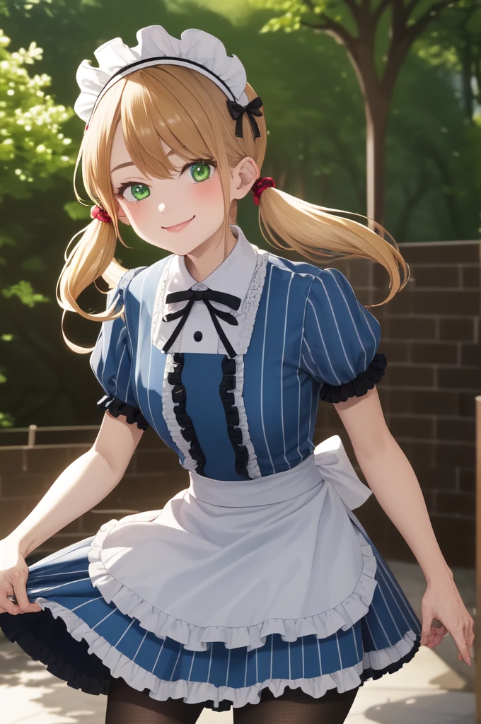 masterpiece, best quality, highres, 1girl, solo, blonde hair, low twintails, maid headdress, upper body, hair bow, green eyes, neck ribbon, frills, vertical stripes, blue dress, short sleeves, apron, black pantyhose, standing, cowboy shot, outdoors, smile