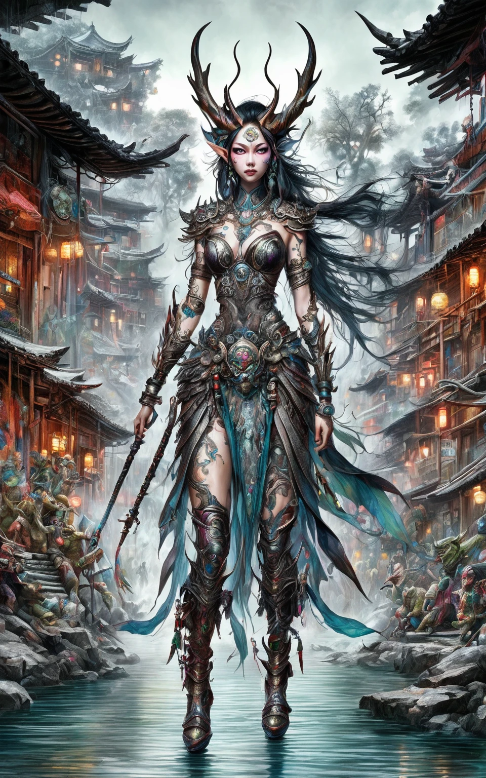full body length shot,The Crazy Warrior Woman Graphite Manganese Mine was rescued, Want to eat,Future Crime City Survival,Movie,Soft colors, Technicolor,Natural skin texture, Surrealism, Extremely detailed,Very detailed,High contrast,masterpiece,Practical,Very detailed, Intricate details,Realistic wet leather,Extremely complex,Epic Practical, style,Irina Yermolova,High contrast,Human Development Report,Very detailed, [late night scenery],masterpiece,Intricate details,fade,eyes Very detailed, Very detailed eyes,16k resolution,Raw,Retina, Nikon Z9,China,songbird,Orcs,Li River in Guangxi Zhuang of China,tkt style, Pisces, Pointed ears，perfect, Elf，Transition between two art styles, From ink painting to photorealism, Double contact, X-rays, Creative, vivid light, masterpiece, fantasy, Abstract, Surrealism, Very detailed, high resolution, stop:35;Wendigo