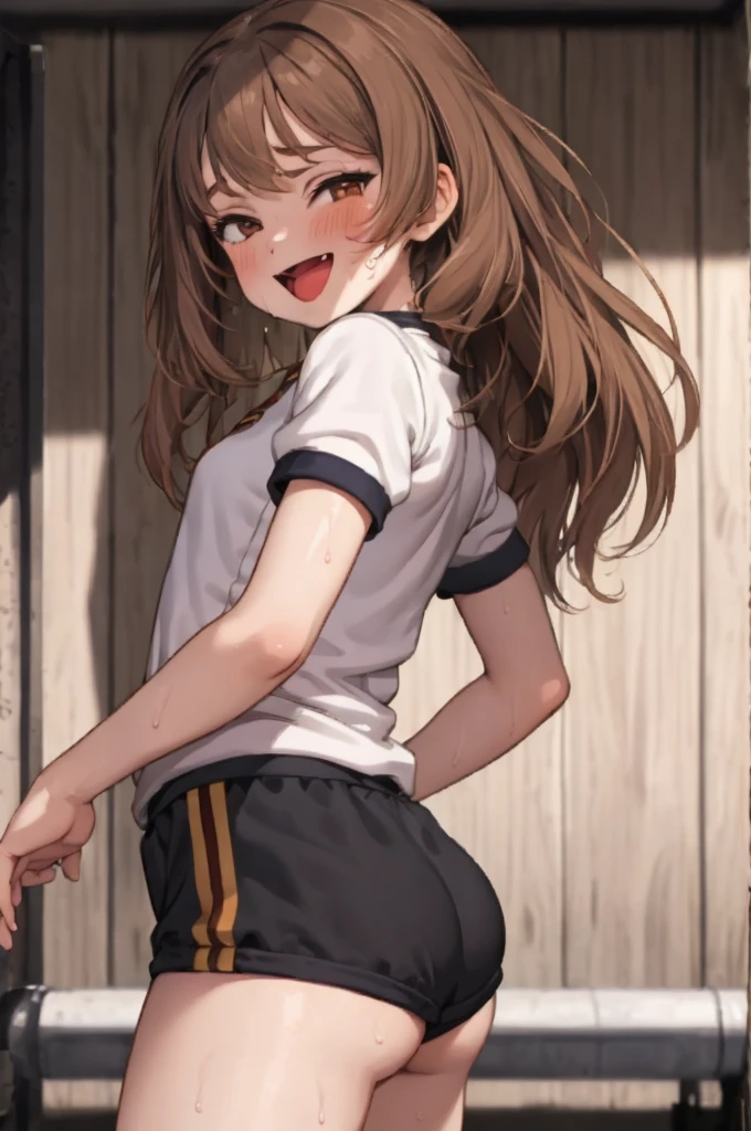 masterpiece, look at viewer, 1girl, solo, gym uniform, from bellow, brown hair, long hair, open mouth, cowboy shot, from side, jumping, smile,,blush,sweating
Hermione Granger,ass,from back