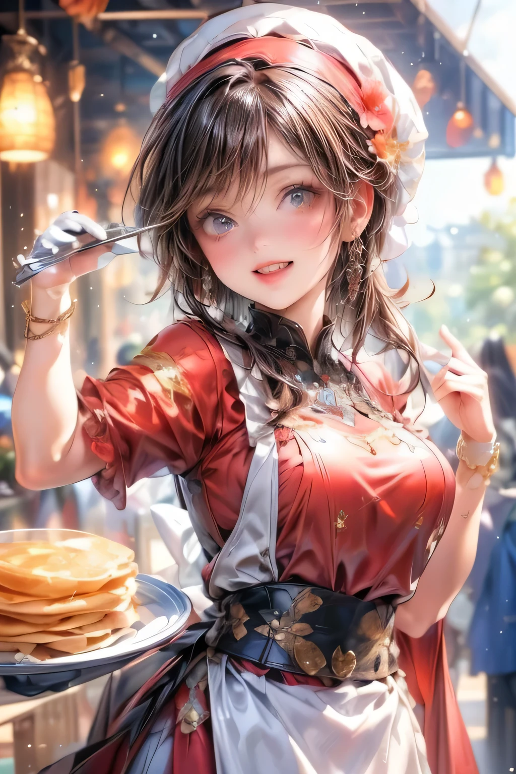 beautiful cute young lady is holding plates that pancakes on them as a waitress, 1girl, smile, food, gloves, apron, solo, holding, white gloves, hat, open mouth, :d, blurry background, brown hair, flower, looking at viewer, blurry, shirt, hair ornament, white headwear, black shirt, short sleeves, blush, pancake, hair flower, plate, bangs, blue eyes, (best quality,4k,8k,highres,masterpiece:1.2),ultra-detailed,(realistic,photorealistic,photo-realistic:1.37),,