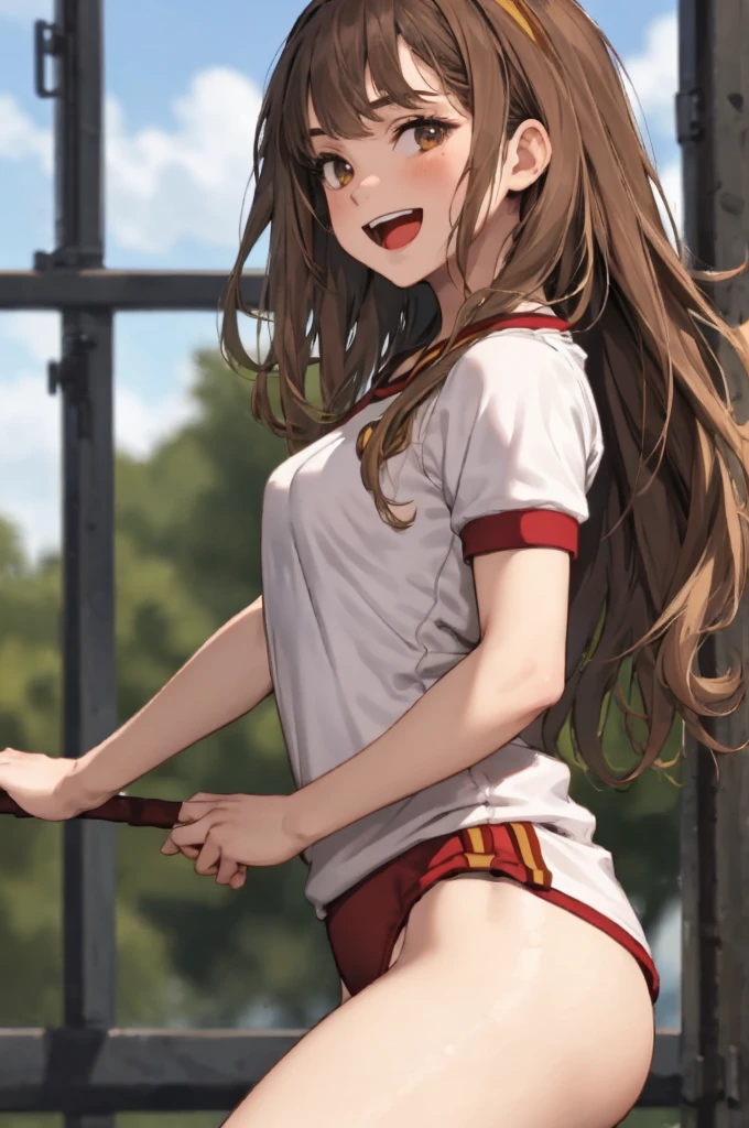 masterpiece, look at viewer, 1girl, solo, gym uniform, from bellow, brown hair, long hair, open mouth, cowboy shot, from side, jumping, smile,
Hermione Granger,
