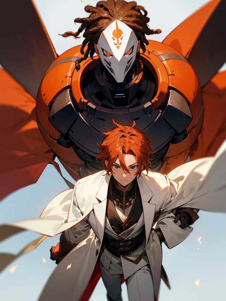 Black skin male adult orange brown hair dread locks short hair blue eyes Red brownish short heair and white coat normal pose standby staring at front front view bust adult face Sightly smile Defiant holding half of a white mask