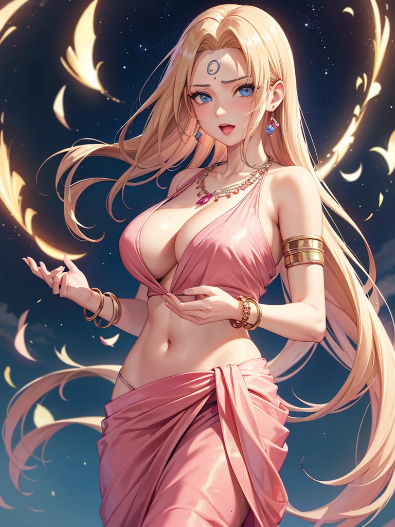 (absurderes, A high resolution, Ultra detailed, hdr), Masterpiece, Best quality, Indian  ,nami, extreme realistic very beautiful, animated style, full body shot, anime in a(((pink))) indian dress transparent (((saree))), head jewellery, necklace, earings, armlets, bangles and bracelets, rings, pleasant expression, natural beauty,night sky, vintage aesthetic,big breast,navel, cleavage ,standing ,open mouth,saliva,tongue out,face on front,drools,red lip,huge breast