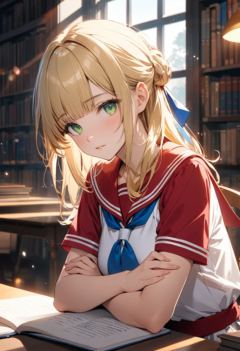 ((Masterpiece,Best Quality, high resolution)), 1 girl, Alone, green eyes, long blonde hair tied with blue ribbon, blunt bangs, session, arms crossed on the table, sleep in crossed arms, , white seraph, Red Sailor Necklace, short sleeves, White pleated skirt, (in library), dramatic light, next to the window, Afternoon light through the window, Afternoon, Bokeh effect