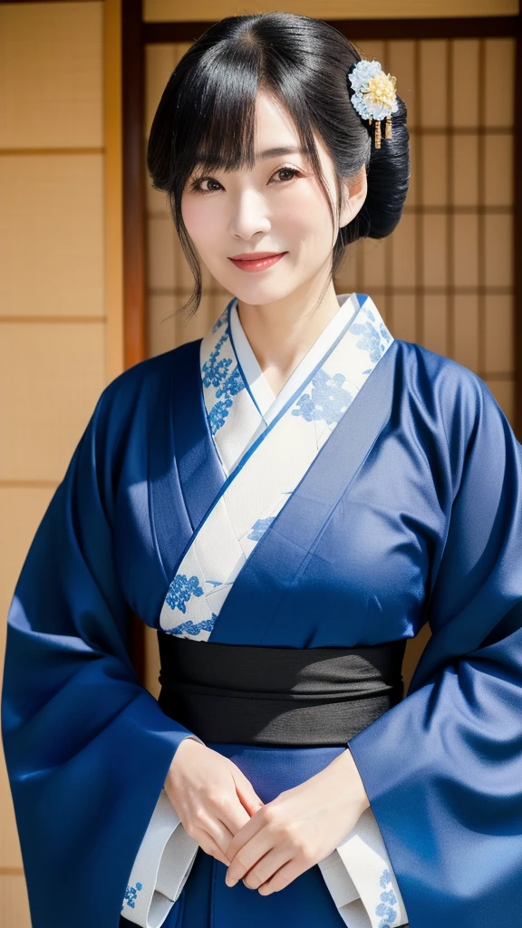 Asian woman in her fifties wearing a blue and black kimono, In kimono,Elegant Japan Woman, wear Kimono, Wear Hakama, Wear a blue haori, Wearing a black robe, palace , Girl in Hanfu, wearing a simple robe, wearing a simple robe, kimono, In kimono,