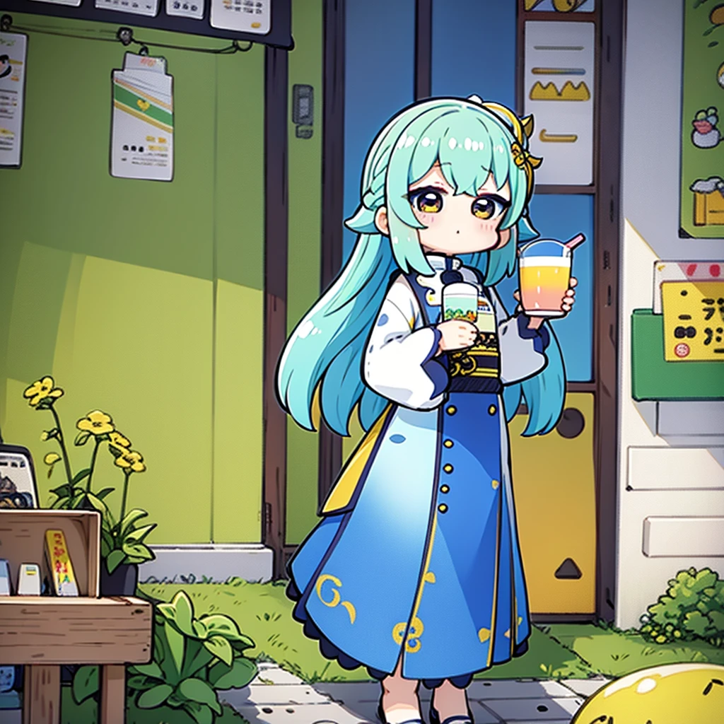 Yellow and white pastel aesthetic kawaii chibi Cyno from Genshin with long hair, holding a boba tea glass mug in her hand, on the cover of an illustration book for children "pastell", pastel illustrations in the style of simple, cute, kawaii, fun