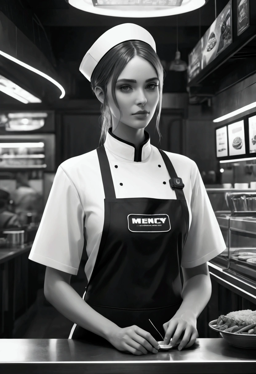 best quality, masterpiece, 4K, Very detailed, black and white,  Fast Food Worker, Technical clothing, Cyberpunk restaurant, Solitary, Futuristic, 