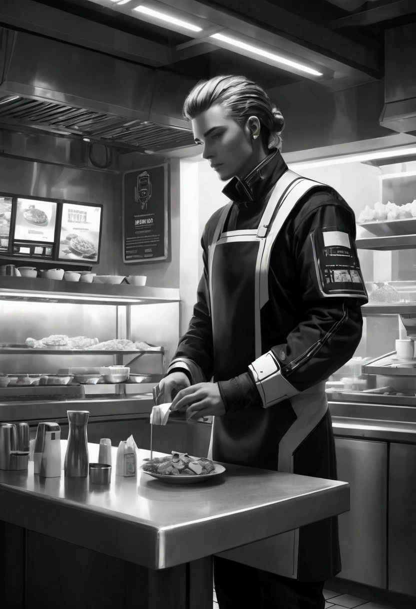 best quality, masterpiece, 4K, Very detailed, black and white, Fast Food Worker, Technical clothing, Cyberpunk restaurant, Solitary, Futuristic,
