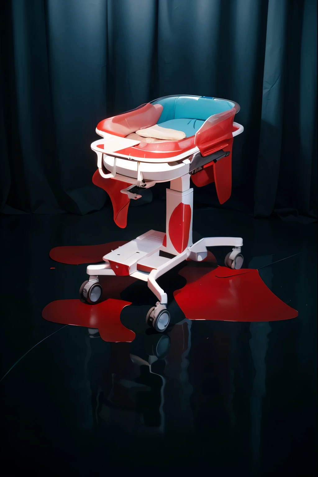 thick red paint with splashes of red paint flows across the children's bed thick red paint with splashes of red paint flows across the children's bed thick red paint with splashes of red paint flows across the children's bed This image depicts a hauntingly sterile scene of a morgue. The room is illuminated by cold, blue lighting that casts an eerie glow over the space. There are gurneys lined up, each covered with a blue sheet that hides the shape of a body beneath. Curtains are partially drawn around some areas, suggesting privacy or ongoing examinations. The overall atmosphere is somber and clinical, accentuated by the minimalist design and the chilling orderliness of the environment. The scene conveys a sense of quiet solitude typical of such places, where the stillness is palpable and profound.The overall composition of the image is both eye-catching and charming, effectively conveying a sense of joy and creativity.ffects render, (glossy plastic texture with multiple big light probe refractions), perfect cgi, smooth silhouette, high intensity refraction, (super glossy plastic material), most beautiful vfx, , realistic, 4k, high resolution, rim light, smooth 3d model, multiple light sources, rim light, sharp post effects render,, realistic, 4k, high resolution, rim light detailed digital art, reflective, best quality, 4k, masterpiece:1.2, ultra-detailed, realistic, vivid colors, The image of the highest quality, ensuring every detail showcased perfectly. It in 4k resolution, allowing viewers to immerse themselves in the richness of the colors and intricate details. The realistic rendering. under the spotlight, reflecting, high-resolution image, realistic rendering