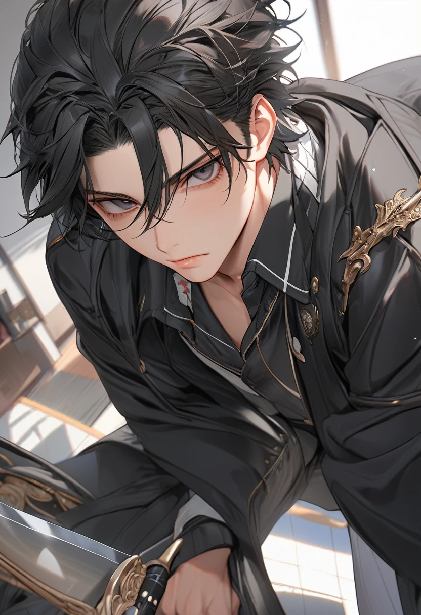 A highschool boy, handsome, perfect body, black hair, short hair, mullet, black eyes, upturned eyes, expressionless, black jacket, anime, first-person view, masterpiece, anatomically correct, high details, highres, best quality, super detail, sword master