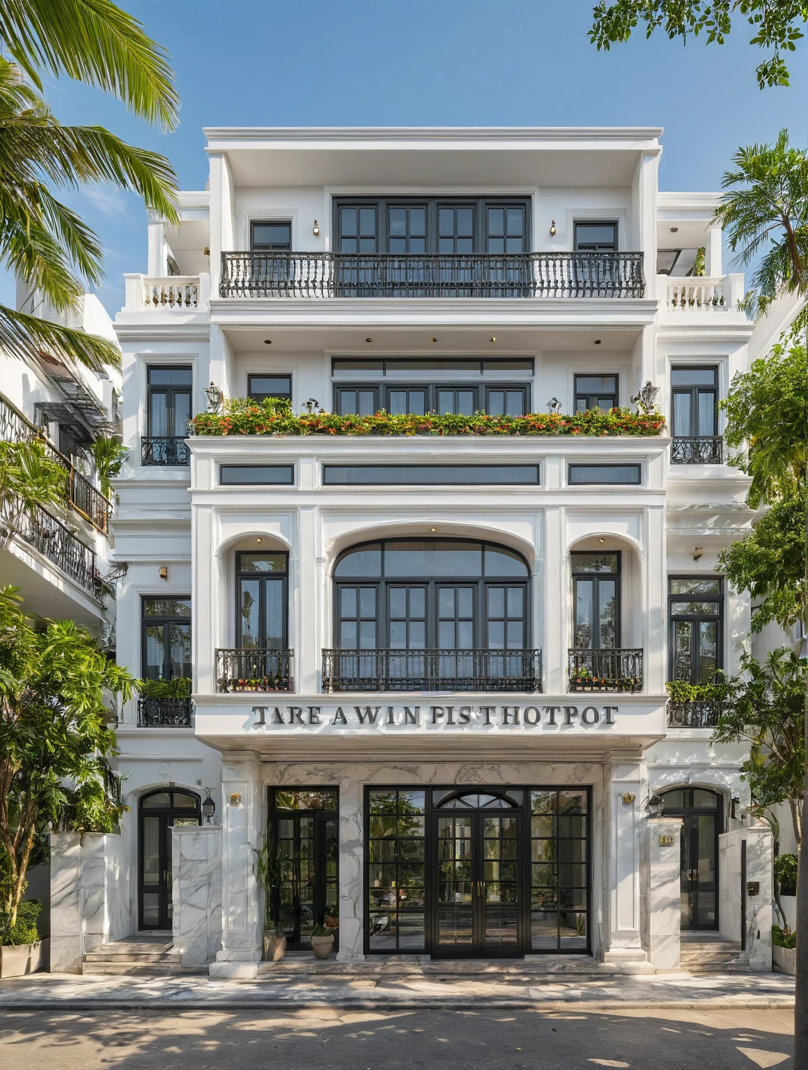 Neoclassical villa on the street, ground floor is restaurant, upper floors are bedrooms, terrace (daylight), tropical plants, vivid colors, streetscape, white tones, walls white, large glass doors, warm interior lighting, wood and marble, best quality, 20ArchiAI_XL_NeoTH-v2