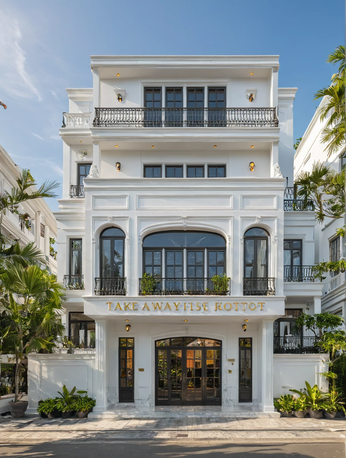 Neoclassical villa on the street, ground floor is restaurant, upper floors are bedrooms, terrace (daylight), tropical plants, vivid colors, streetscape, white tones, walls white, large glass doors, warm interior lighting, wood and marble, best quality, 20ArchiAI_XL_NeoTH-v2